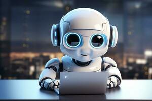 Cute Robot working on a laptop. 3d render. Technology concept. Ai Generated photo