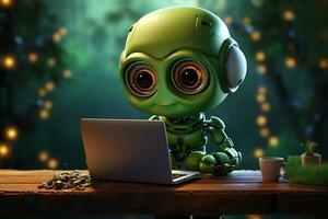 Cute Robot working on a laptop. 3d render. Technology concept. Ai Generated photo