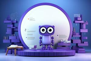 cute little robot in front of a big round podium in purple background Ai Generated photo