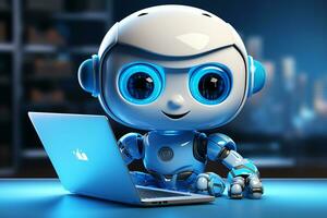 Cute Robot working on a laptop. 3d render. Technology concept. Ai Generated photo