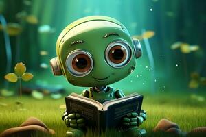 cute robot reading a book 3d illustration technology concept Ai Generated photo