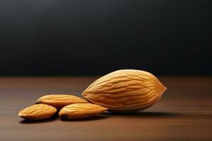 almendra nueces en un de madera mesa con Copiar espacio, cerca arriba ai generado foto