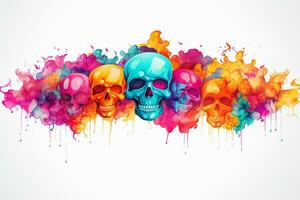 Skull with colorful paint splashes on white background. Vector illustration. Ai Generated photo