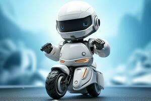 Robot riding a motorbike on blue background. 3D rendering Ai Generated photo