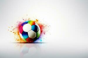 vistoso fútbol pelota con salpicaduras en gris fondo, deporte concepto ai generado foto