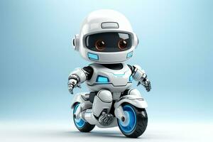 Robot riding a motorbike on blue background. 3D rendering Ai Generated photo