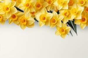 Beautiful daffodils on white background, top view. Space for text Ai Generated photo