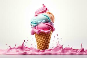 Ice cream in waffle cone with splashes. 3d rendering Ai Generated photo