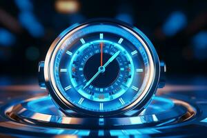 Blue speedometer on blue background. 3d rendering toned image Ai Generated photo