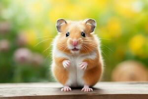 Hamster on wooden background. Hamster on a wooden background. Ai Generated photo