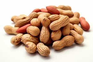 Peanuts isolated on white background. Close-up. Studio shot. Ai Generated photo