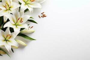 Beautiful lily flowers on white background, top view. Space for text Ai Generated photo