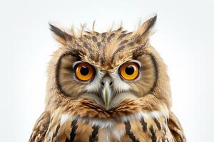 Owl with big eyes sitting on a wooden branch isolated on white background Ai Generated photo