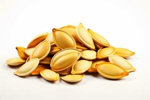 Pumpkin seeds on white background. Clipping path included. Ai Generated photo