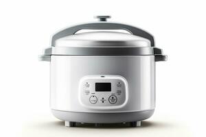 White rice cooker on the white table and beige background, stock photo Ai Generated