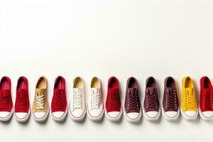 top view of multicolored sneakers arranged in row isolated on white Ai Generated photo