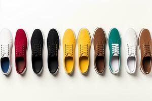 top view of multicolored sneakers arranged in row isolated on white Ai Generated photo