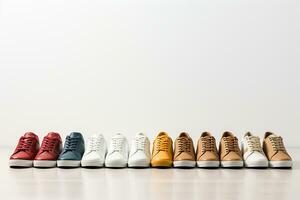 top view of multicolored sneakers arranged in row isolated on white Ai Generated photo