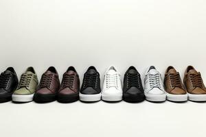 top view of multicolored sneakers arranged in row isolated on white Ai Generated photo