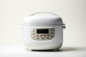 White rice cooker on the white table and beige background, stock photo Ai Generated