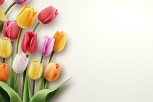 Bouquet of orange tulips on white background with copy space Ai Generated photo