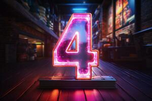 3d rendering of a neon number 4 on a dark background. Ai Generated photo