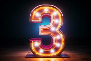 3d rendering of a neon number 3 on a dark background. Ai Generated photo