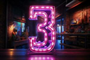 3d rendering of a neon number 3 on a dark background. Ai Generated photo