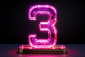 3d rendering of a neon number 3 on a dark background. Ai Generated photo