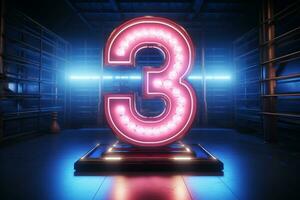 3d rendering of a neon number 3 on a dark background. Ai Generated photo