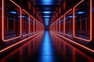 Futuristic corridor with neon lights and reflections. 3d rendering Ai Generated photo