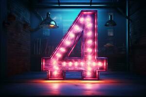 3d rendering of a neon number 4 on a dark background. Ai Generated photo