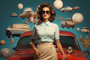 Beautiful pin up girl with retro hairstyle and sunglasses standing near retro car Ai Generated photo