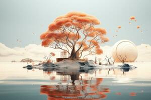 3D render of a fantasy landscape with a tree and a sphere Ai Generated photo