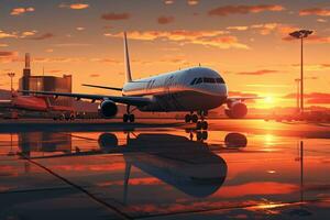 Airplane on the runway in the airport at sunset. 3d render Ai Generated photo