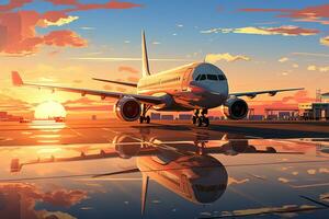 Airplane on the runway in the airport at sunset. 3d render Ai Generated photo