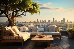 Outdoor terrace with a view of the city. 3d rendering Ai Generated photo