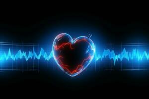 corazón forma y azul sonido ola en negro antecedentes. vector ilustración. ai generado foto