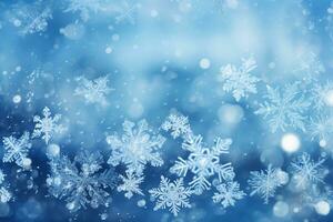 Beautiful snowflakes on blue bokeh background. Christmas background Ai Generated photo