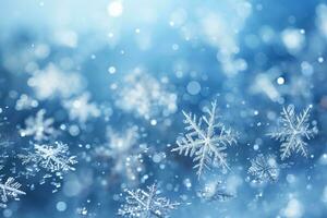 Beautiful snowflakes on blue bokeh background. Christmas background Ai Generated photo