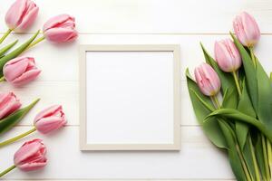 Pink tulips and blank photo frame on white wooden background. Top view with copy space Ai Generated