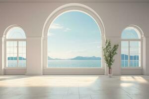 Empty white room with sea view. 3D Rendering mock up Ai Generated photo