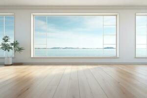 Empty white room with sea view. 3D Rendering mock up Ai Generated photo