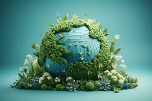 Globe made of grass and flowers on blue background. Ecology concept Ai Generated photo