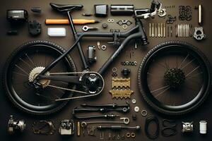 bicicleta partes y herramientas en verde antecedentes. parte superior vista. plano poner. ai generado foto