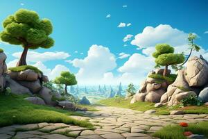 Fantasy landscape with trees and rocks. 3D render illustration. Ai Generated photo