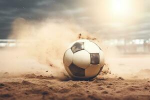 Soccer ball breaking through the sand with smoke. 3d illustration Ai Generated photo