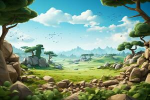 Fantasy landscape with trees and rocks. 3D render illustration. Ai Generated photo