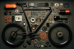 Bicycle parts and tools on green background. Top view. Flat lay. Ai Generated photo