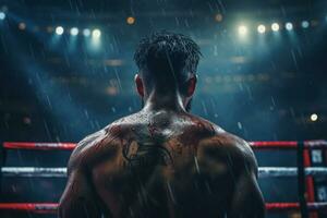 hermoso muscular Boxer en boxeo anillo a el gimnasia. boxeo concepto. ai generado foto